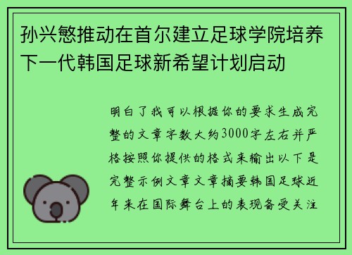 孙兴慜推动在首尔建立足球学院培养下一代韩国足球新希望计划启动